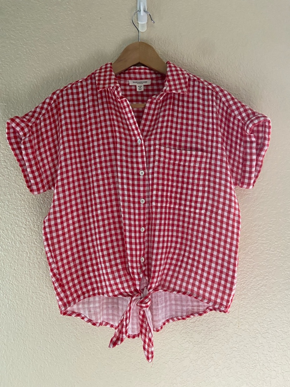 beachlunchlounge Red and White Gingham Tie-Front Button-Up Blouse